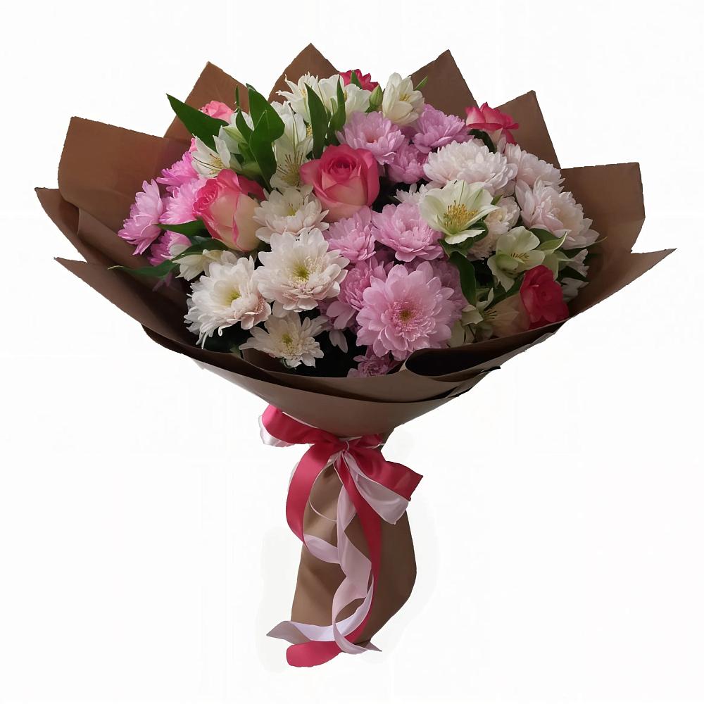 Букет Розовое очарование в Батайске Букет цветов из: Хризантемы, Альстромерии и Розы в Батайске