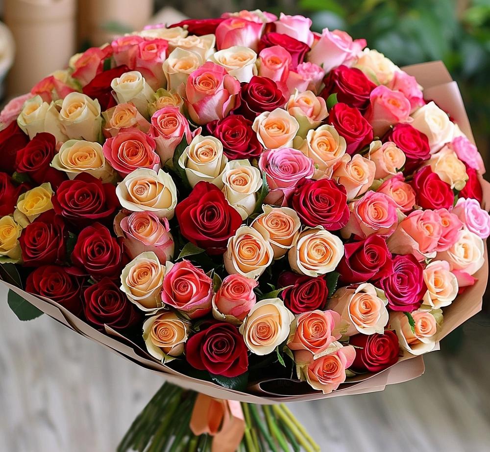Букет 101 Разноцветная роза в Батайске