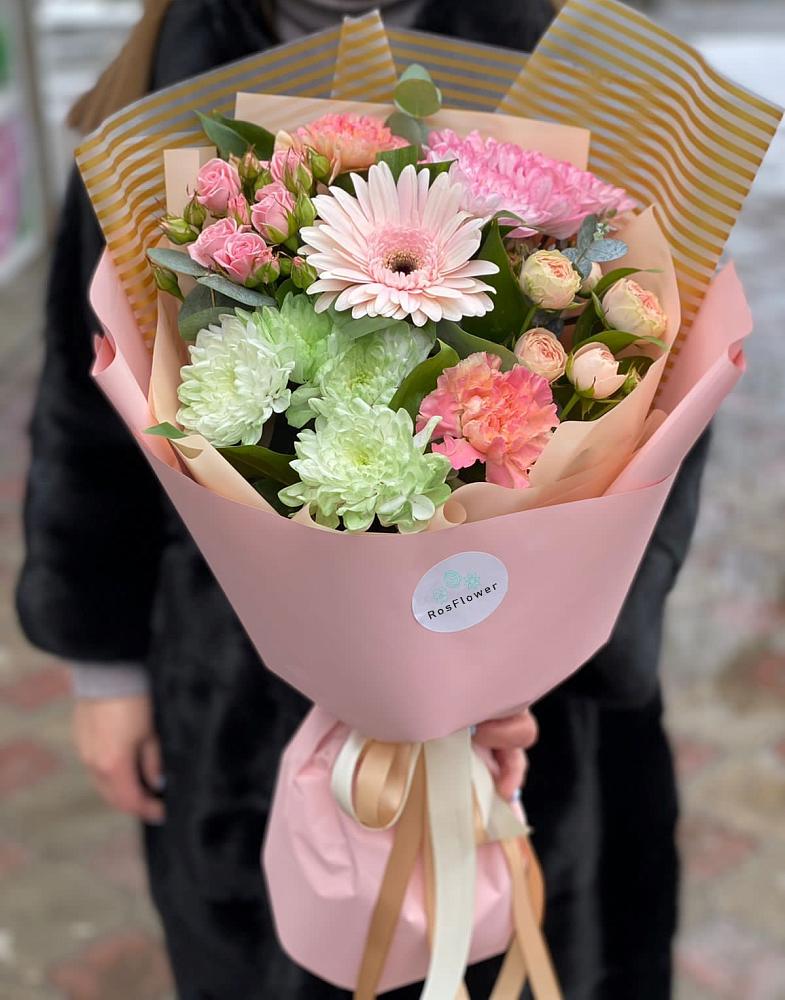 Букет Розовое солнце в Батайске Букет цветов из: Герберы, Хризантемы и Розы в Батайске